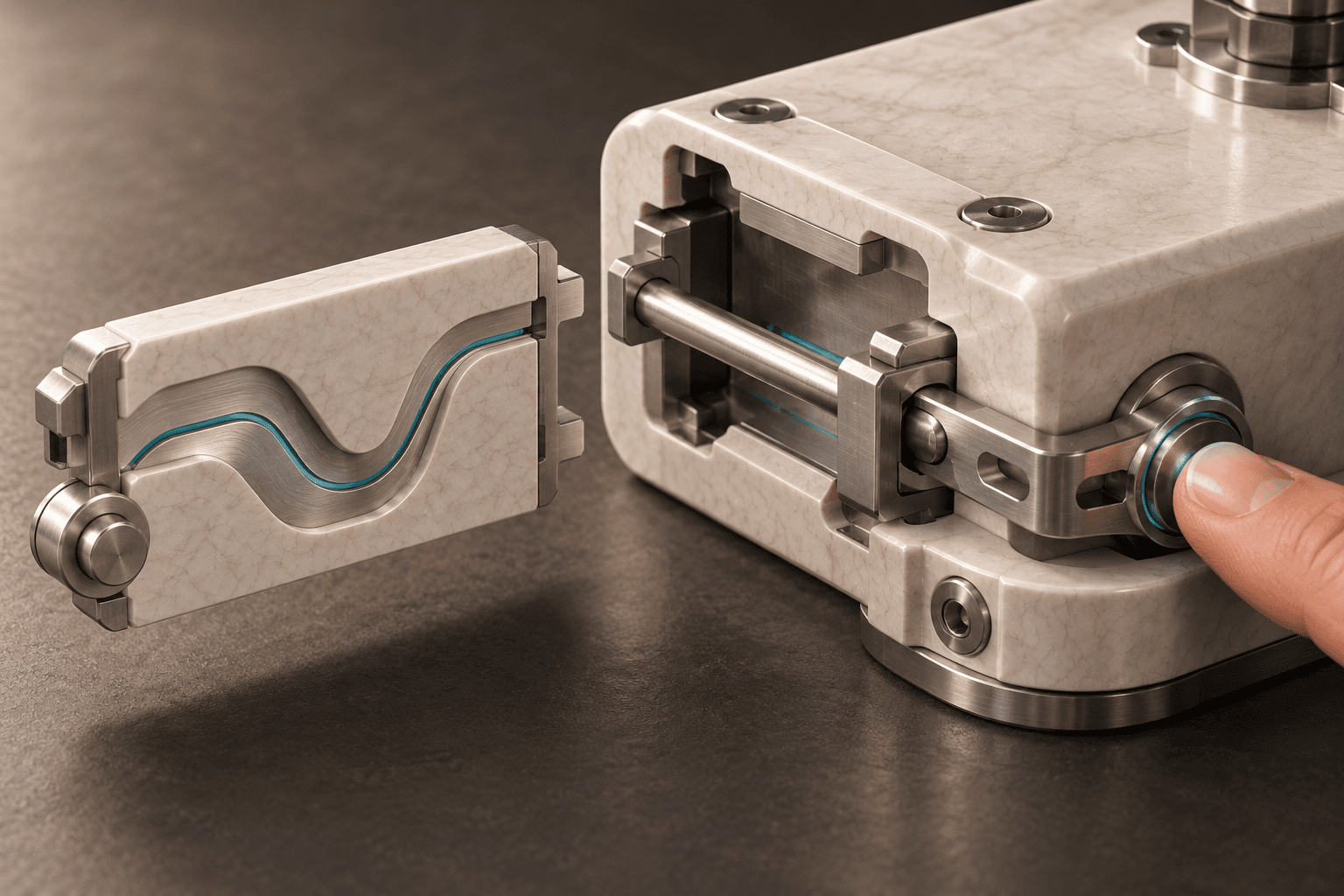 Concept illustration: a new grooved method plate waits outside a precision mechanism, blocked by an interlock that a human fingertip controls.